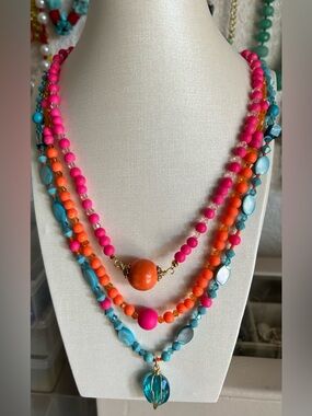 Orange and Pink Multi-Strand Beaded Necklace
